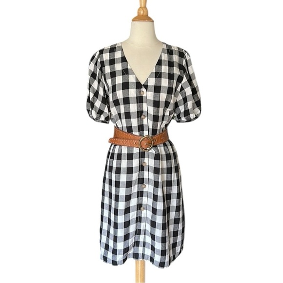 LOFT Gingham Linen Blend Button Up Dress Black White Preppy Girly Casual Size 10 - Picture 3 of 16